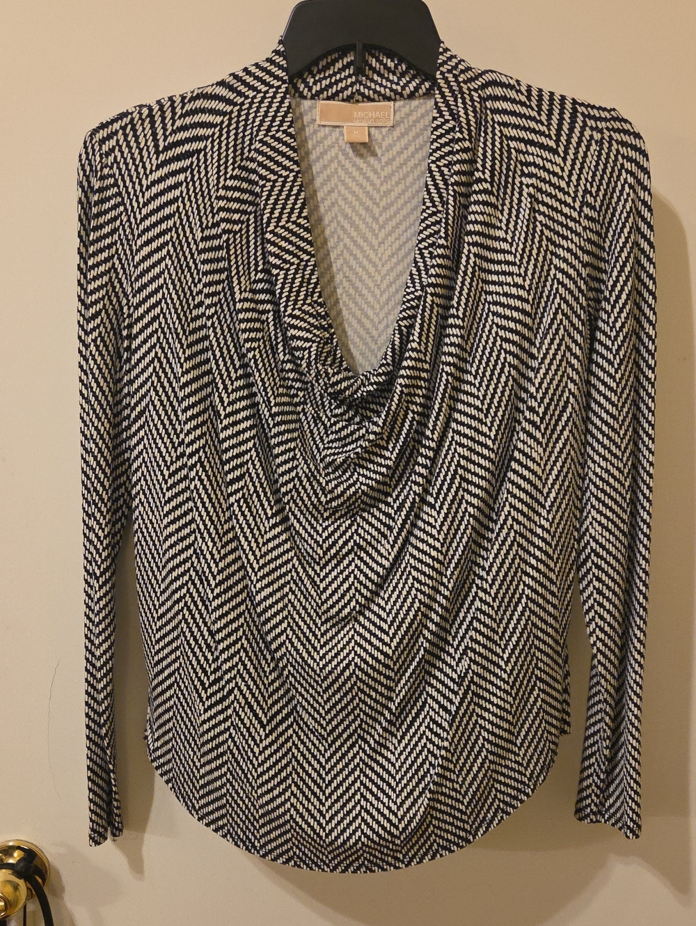 Michael Kors Black & White Chevron Cowl-Neck Long Sleeve Blouse